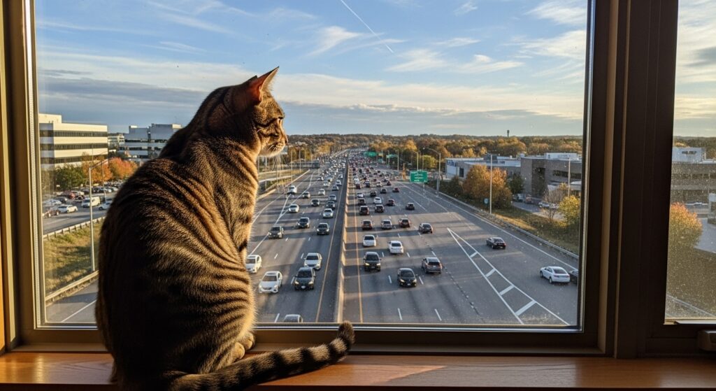 猫が道路の音を聞いている