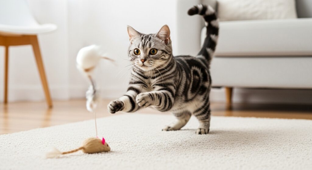 アメリカン・ショートヘアが部屋で遊んでいる姿