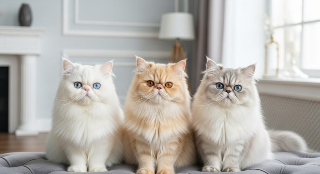 シェーデッドゴールデン、シチンチラシルバー、ブラウンタビーのペルシャと言う品種の猫3匹