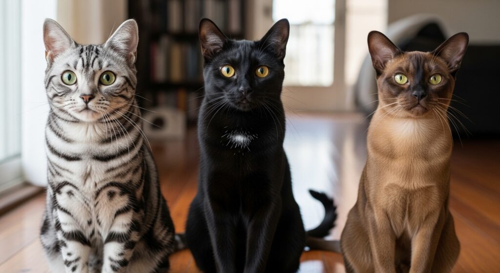 左から、アメリカンショートヘア、ボンベイ、バーミーズという3品種の猫が仲良く並んでいる