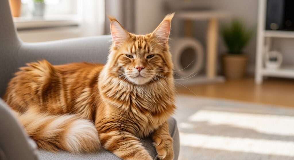 メインクーンが部屋でくつろいでいる写真