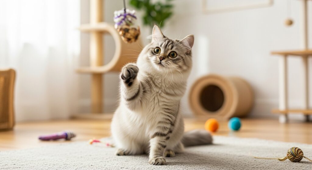 ミヌエットという品種の猫が部屋で遊んでいる