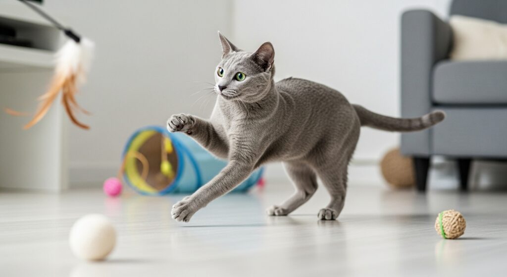 ロシアンブルーが部屋で遊んでいる